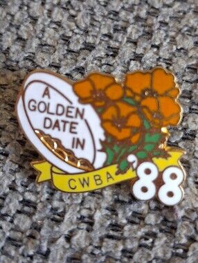 A Golden Date In 88 Enamel Pin with Orange Flowers Bowling League Pin